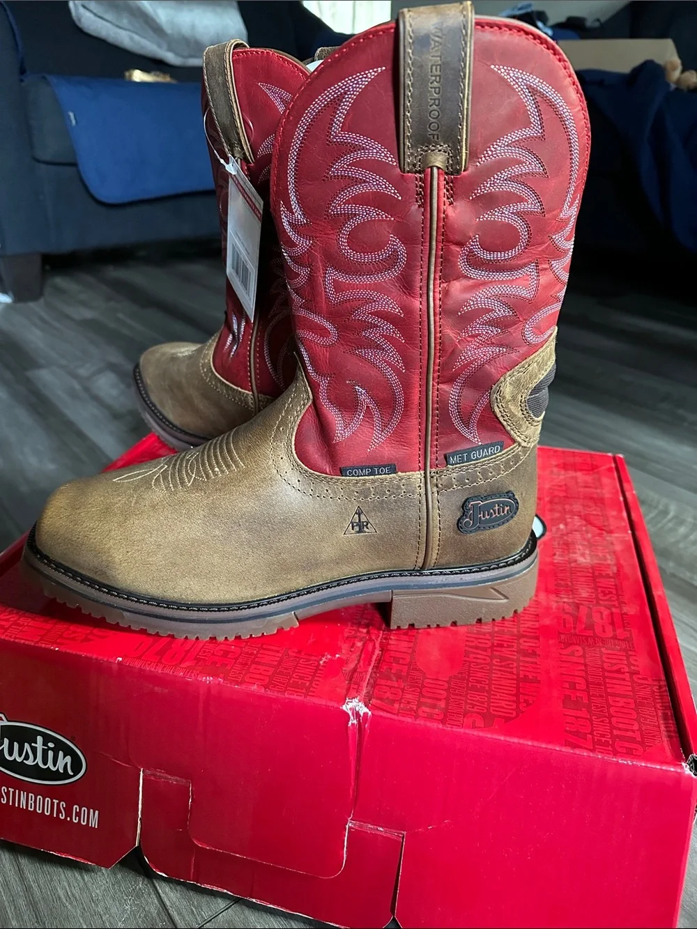 Justin Boots Two-Tone Tan & Red Work Cowboy Boots